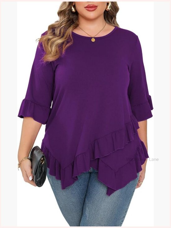 Tops - Women's Plus Size Ruffle Hem Tunic Top 3/4 Bell Sleeve Crew Neck Flowy Blouse